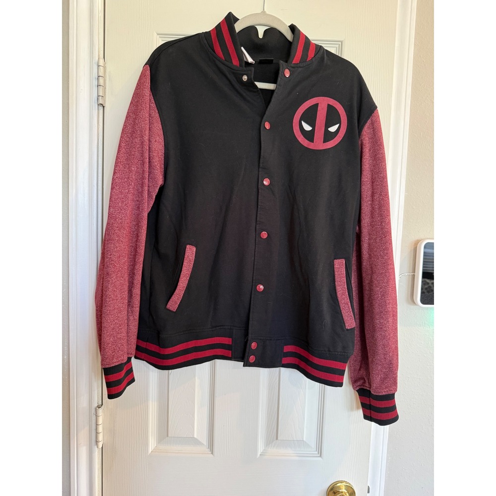 Marvel Deadpool Varsity Jacket Mad‎ Engine Black Red Letterman Bomber Mens Large